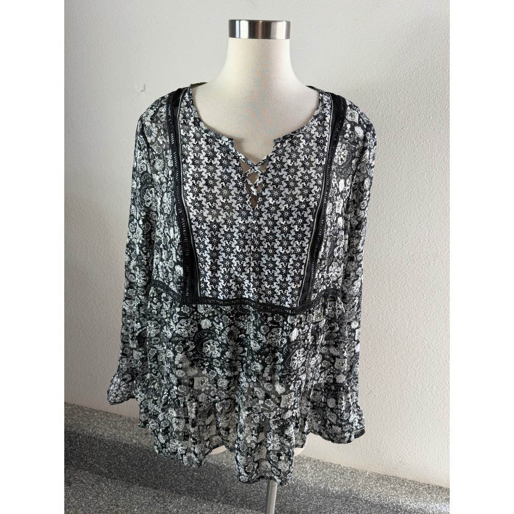 Knox Rose Women Plus XXL Floral Long Sleeve Blouse Black White Boho Metallic Top